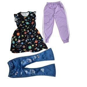 Space planet Dress and Pants bundle set jegging Jean joggers lot girls 7 8 cute